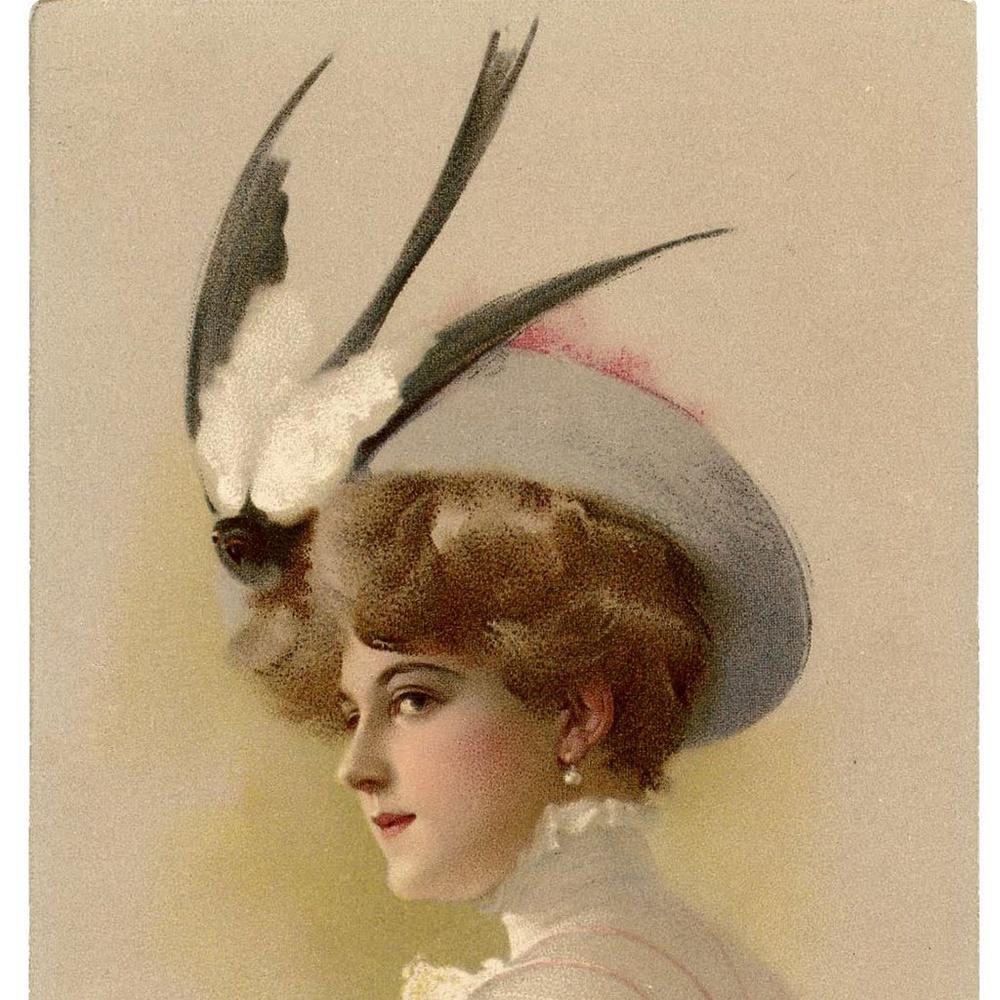 VERY RARE 1900s' CREAM STRAW HAT WITH TWO BLUE/GRAY/WHITE FEATHER BIRDS - Picture 15 of 15